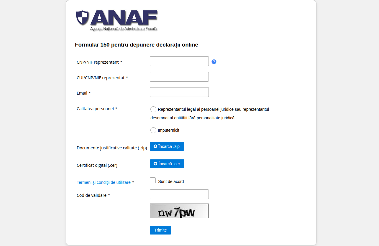 Pagina oficială ANAF a Formularului 150: CNP/NIF reprezentant, CUI reprezentat, e-mail, calitatea persoanei, încărcarea arhivei .zip și a certificatului .cer